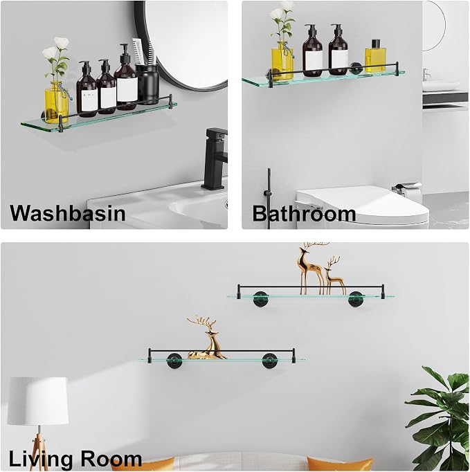 20 Inches Glass Shelves for Bathroom, Matte Black Floating Glass Shelf - Image 8