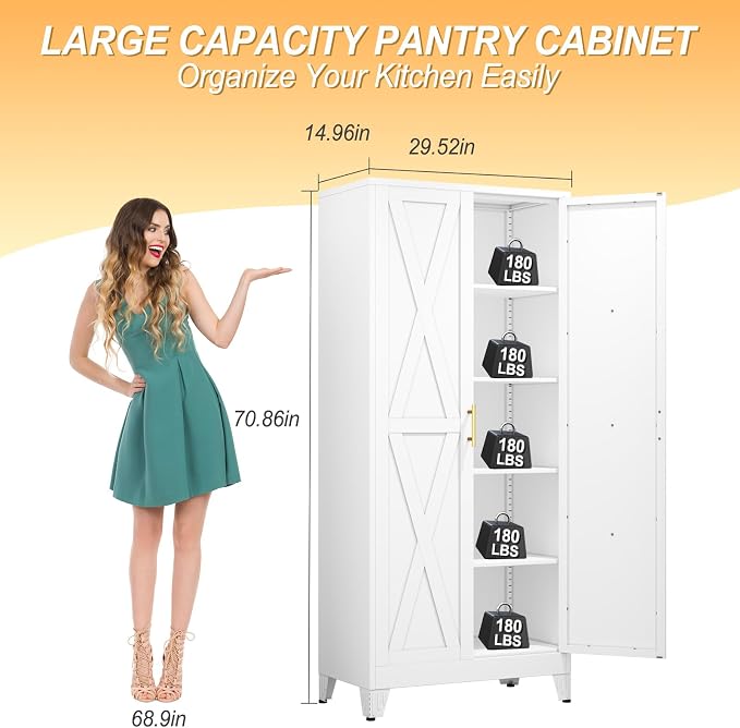 71" H Metal Kitchen Pantry Storage Cabinet, Freestanding Cupboard - Image 3