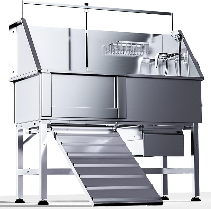 46" Dog Washing Station, Professional Stainless Steel Dog Bathtub w/Ramp & by DYTREND