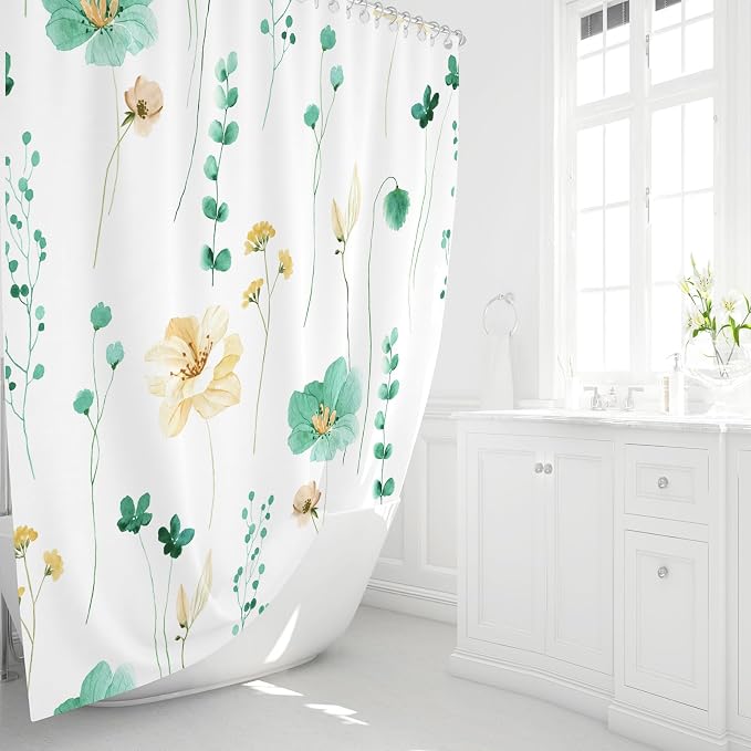 Gibelle Watercolor Floral Shower Curtain, Mint Green Beige Flower Shower Curtain - Image 2