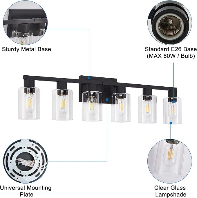 Black Bathroom Light Fixtures, 6-Light Bathroom Lighting Fixtures Over Mirror - Image 8
