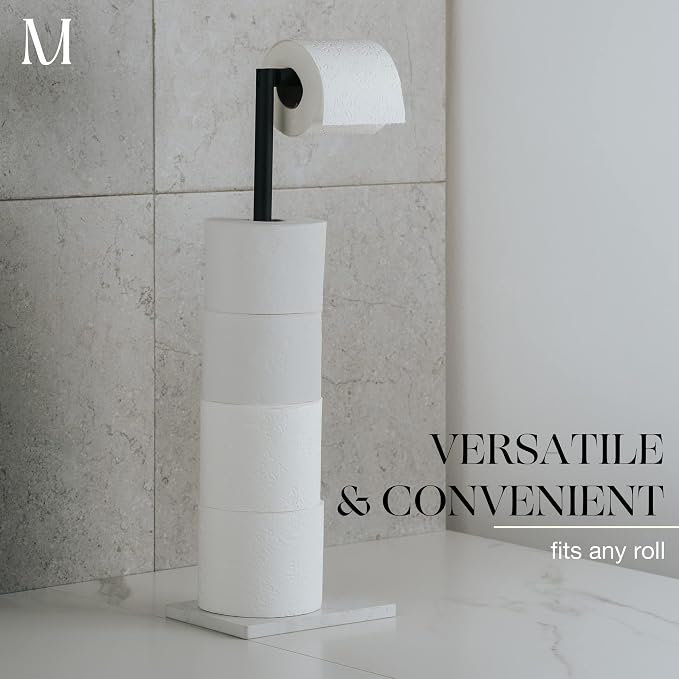 MARMOLUX ACC Free Standing Matte Black Toilet Paper Holder Stand White Marble - Image 5