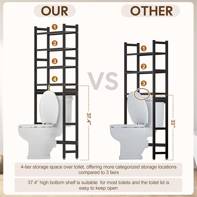 Over The Toilet Storage with 2 Baskets, 4-Tier Bamboo Organizer Rack with Paper - Image 3