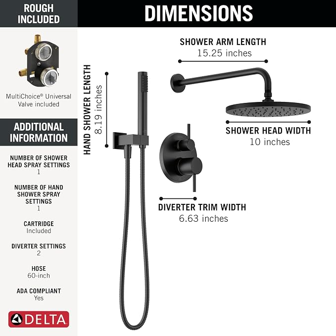 Delta Modern 14 Series Round Rain Shower System Faucet Set, Rainfall Matte - Image 3