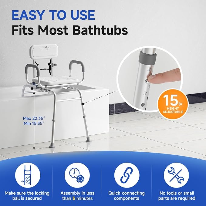 Sliding Shower Chair with Swivel Seat, Tub Transfer Bench - Image 6