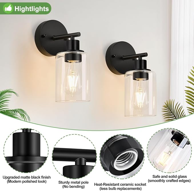 Set of 2 Wall Sconces for Bathroom, Bathroom Wall Lamp for Mirror Kitchen - Image 4