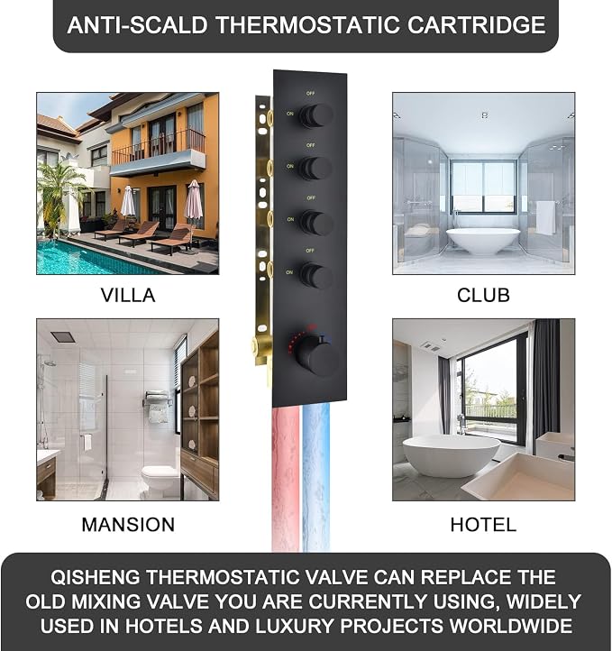 Brass Matte Black 4-Way Thermostatic Shower Diverter Valve - Image 6