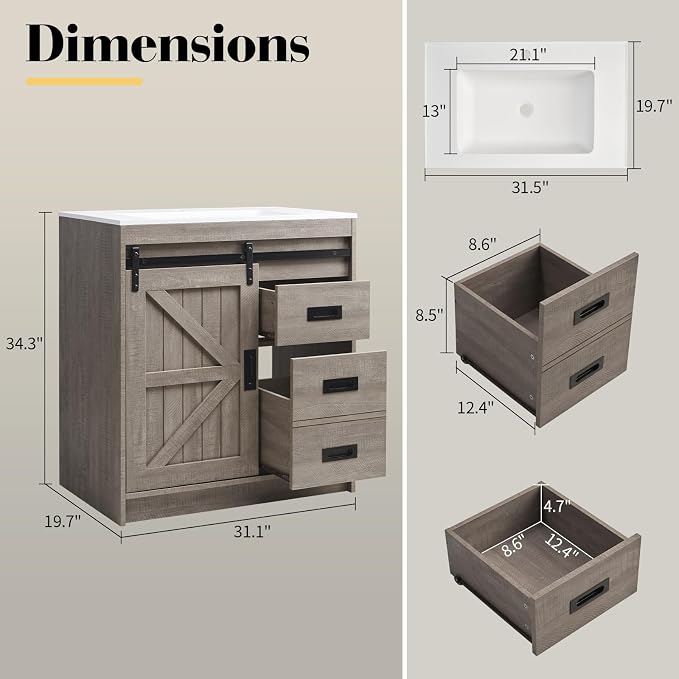 31" Farmhouse Sliding Barn Door Bathroom Vanity - Image 2