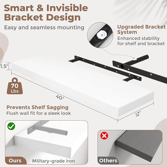 40 Inch Long Floating Shelves for Wall Set of 2, Easy Install Engineered Wood - Image 3
