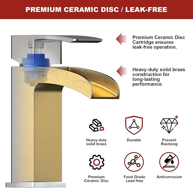 Brushed Nickel Bathroom Faucet Waterfall, Vanity Faucet Brass - Image 5