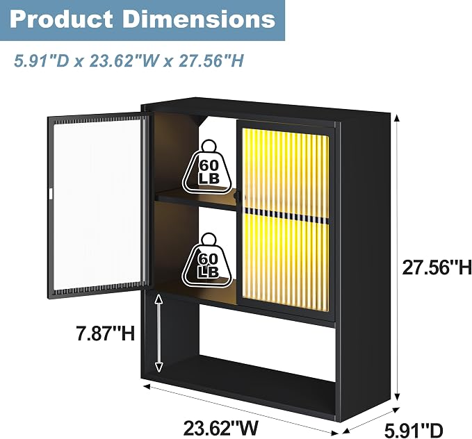 Metal Wall Cabinet with Glass Doors & LED Lights, Wall-Mounted Over-The-Toilet - Image 3