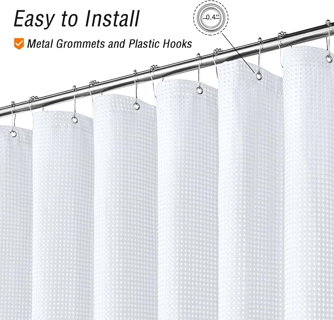 Gibelle White Shower Curtain, Waffle Weave Textured Fabric Shower Curtain - Image 4