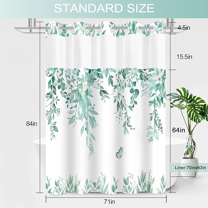 No Hook Shower Curtain and Liner Set, Teal Eucalyptus Floral Shower Curtains - Image 7