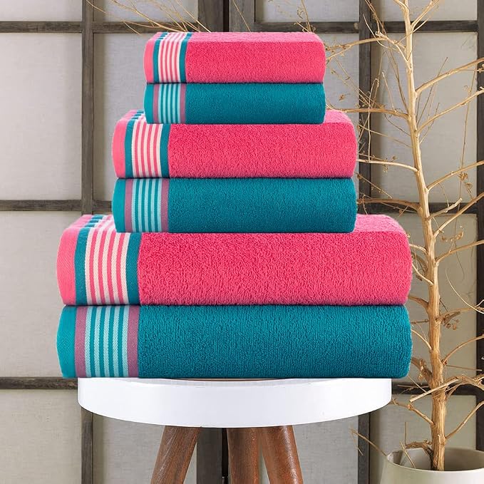 CASA COPENHAGEN He & She 6 Pieces Towel Set- Teal + Pink, 550 GSM 2 Bath Towel - Image 2