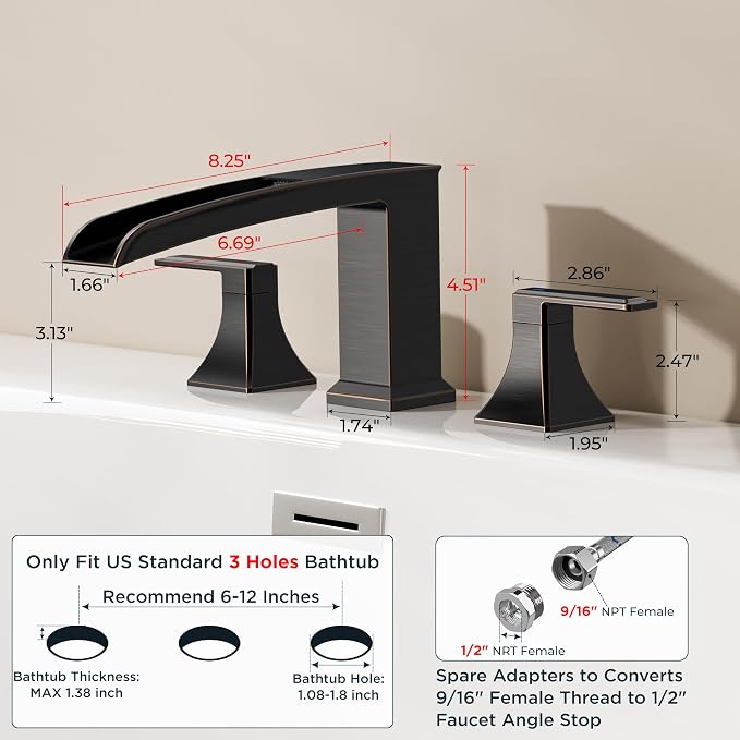FORIOUS Waterfall Bathtub Faucet Set 3 Hole Oil Rubbed Bronze, 2 Handle Deck - Image 2