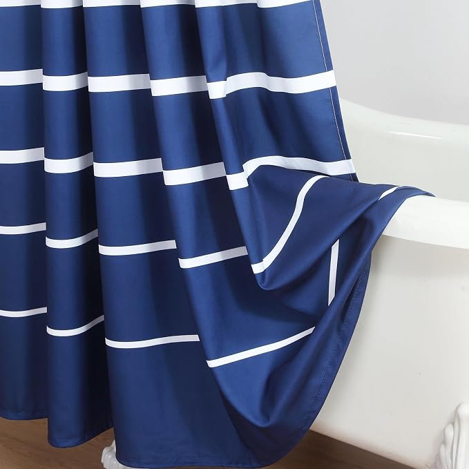 Blue Shower Curtain, Modern Navy Blue and White Stripe Waterproof Polyester - Image 5