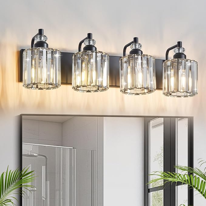 4-Light Black Bathroom Light Fixtures Over Mirror Modern Vanity Lights Crystal - Image 2