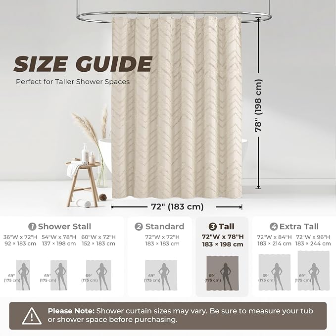 Tall Shower Curtain 78 Inches Long Beige Shower Curtain Boho Cute Chic Tufted - Image 2