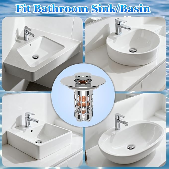 3 in 1 Bathroom Sink Drain Strainer, Universal Pop Up Bathroom Sink Stopper - Image 3