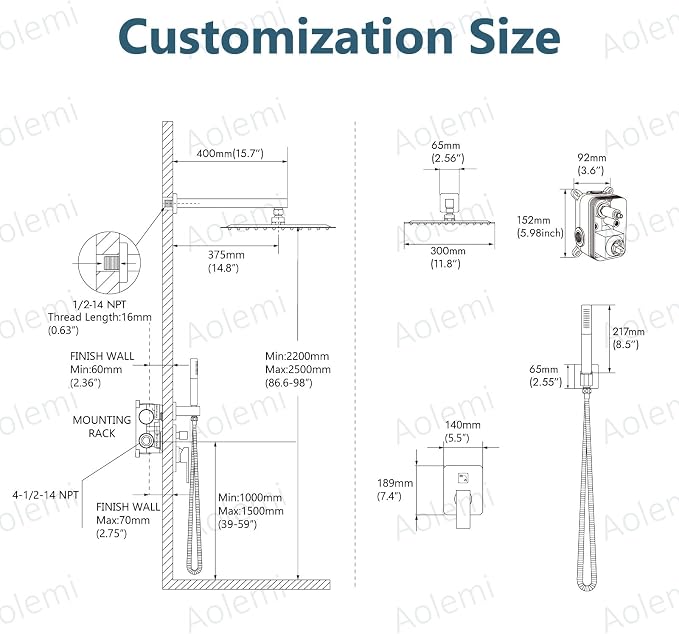 Aolemi Shower System with Rainfall Shower Head and Handheld Wall Mount - Image 6