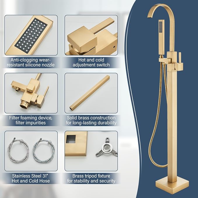 Freestanding Bathtub Faucet Floor Mounted Tub Filler Brushed Gold Single Handle - Image 8