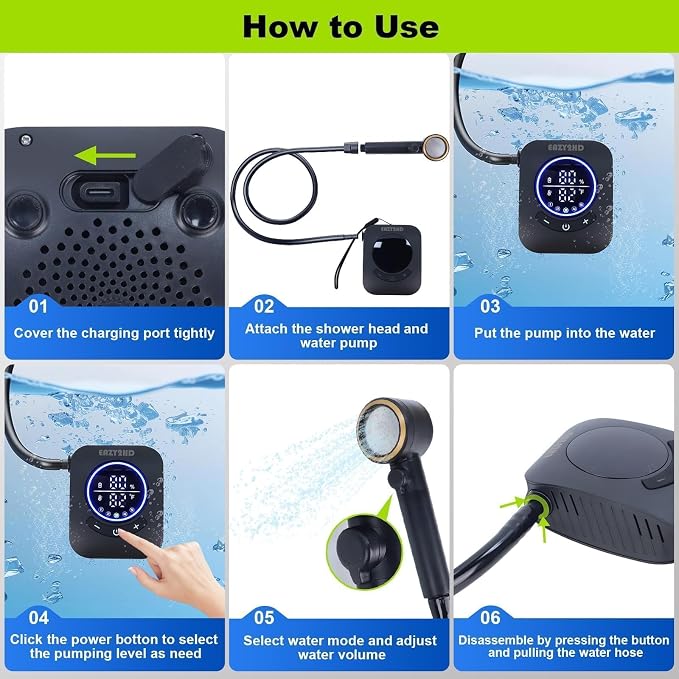 Eazy2hD Portable Camping Shower 8000mAh Rechargeable Outdoor Shower Pump - Image 3