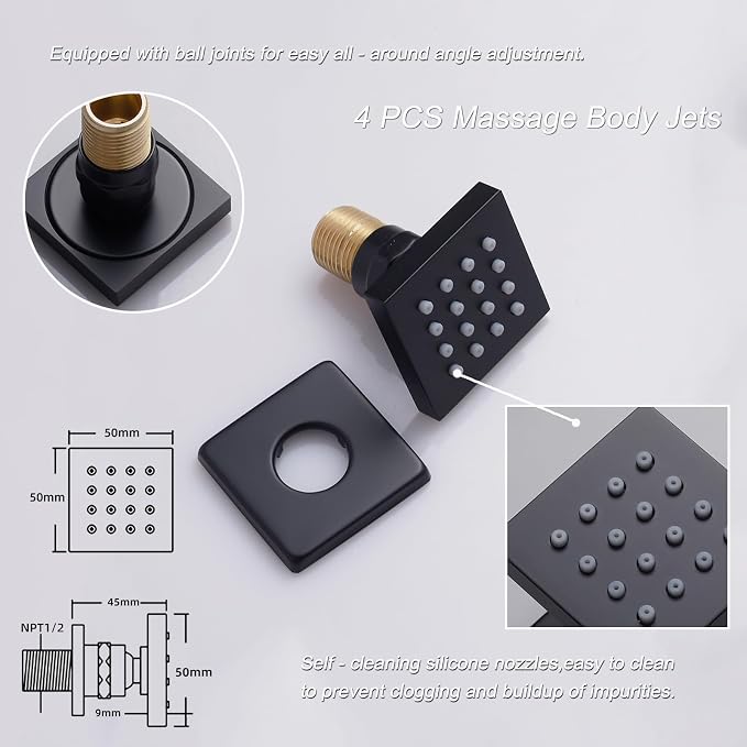Matte Black Shower System with Body Jets, 12 inch Wall Mounted Shower Head and - Image 4