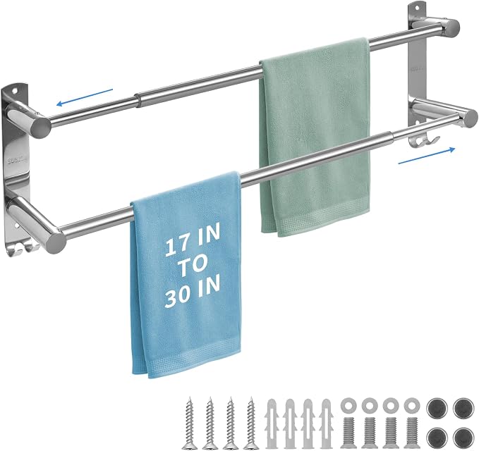 Double Towel Bar, Stainless Steel Adjustable 16 to 28In Double Towel Racks by zmnklry