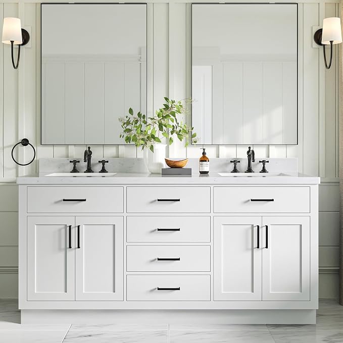 ARIEL Hepburn 72" White Double Vanity, 1.5" Edge Carrara Quartz Countertop & by Ariel