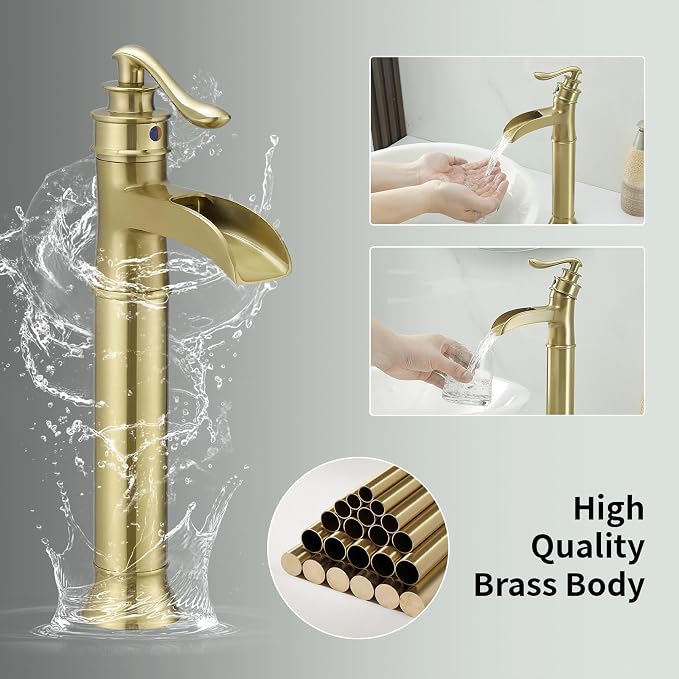 BWE Waterfall Vessel Sink Faucet Brushed Gold Single Handle Tall Single Hole - Image 5