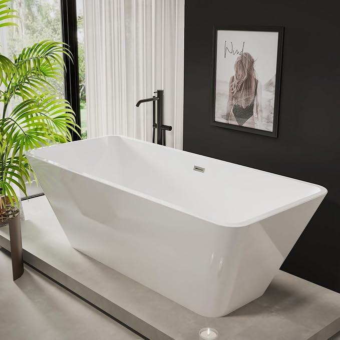 66" Freestanding Bathtub, Acrylic Soaking Tub, Chrome Overflow & Drain - Image 4