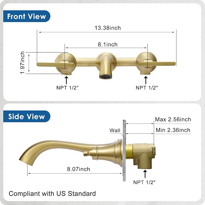 Wall Mount Tub Faucet, High Flow Solid Brass Brushed Gold Bathtub Faucet - Image 6