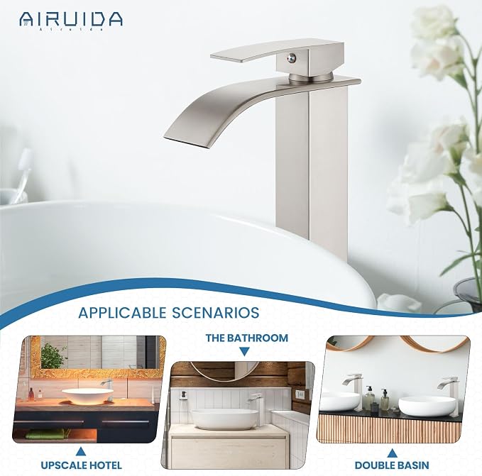 Airuida Vessel Sink Faucet Brushed Nickel, Tall Waterfall Bathroom Single - Image 5