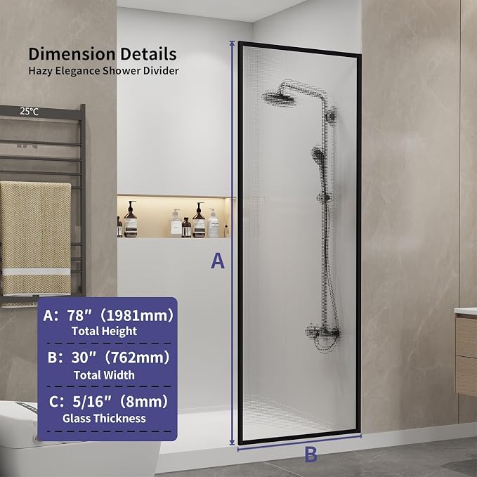 Dimaris Shower Door 30" X 78" Tempered Fluted Glass Framed Shower Screen Shower - Image 5