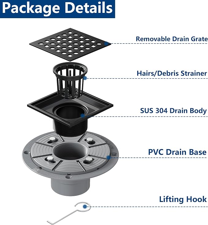 Neodrain Square Shower Drain, 4 inch Black Stainless Steel 304 Grate and PVC - Image 2
