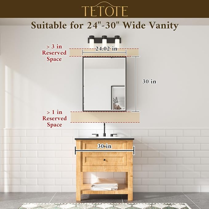 TETOTE White Medicine Cabinet Storage 24" x 30" Medicine Cabinet - Image 3