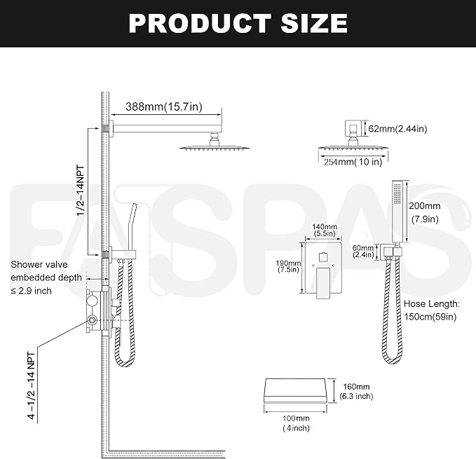 Shower System with Tub Spout, Shower Faucet Set with 10 Inch Rain Showerhead - Image 6