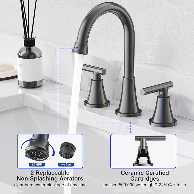 Bathroom Faucets for Sink 3 Hole, Hurran 8 inch Widespread Brushed Grey - Image 4