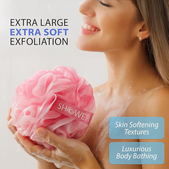 SHOWER BOUQUET Pink-Loofah Bath-Sponge XL 4-Pack // Extra Large 75g Soft Mesh - Image 2