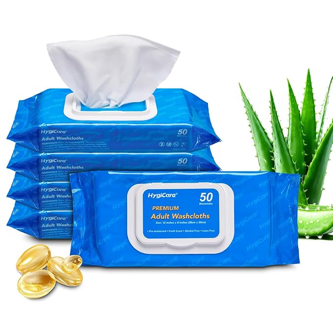 Adult Washcloths Body Wipes 250 Count Fresh Scent 12"x8" Flip Top, Strong Yet by HygiCare