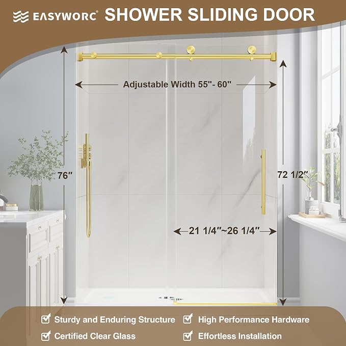 Frameless Glass Shower Door, 55-60" W x 76" H Sliding Frameless Shower Door - Image 5