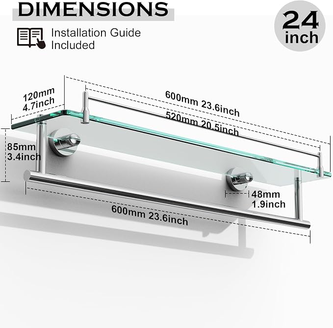 24-Inch Towel Rack with Shelves Tempered Glass Bathroom Shelves with Bar - Image 3