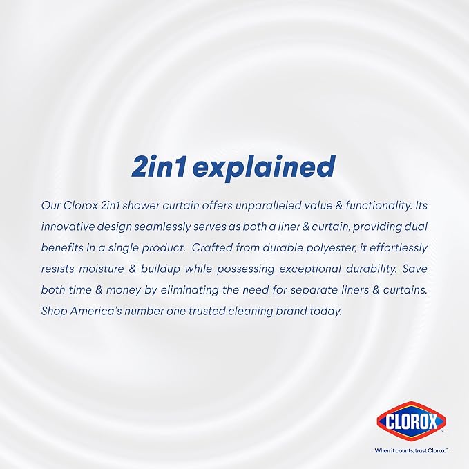 Clorox 2-in-1 Bathroom Shower Curtain Liner w Metal Hooks, Durable Fabric - Image 8