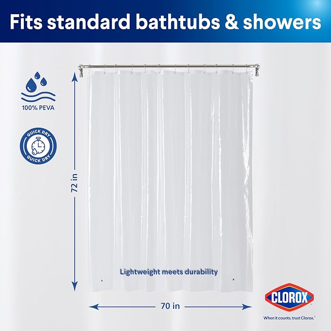 Clorox Shower Curtain Liner, Premium Lightweight Flexible Waterproof 3g PEVA - Image 2