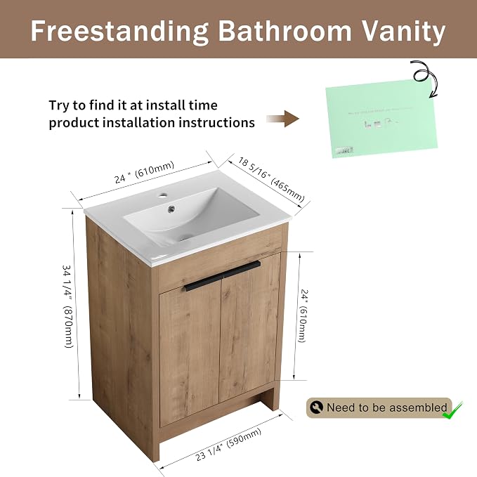 24 Inch Bathroom Vanity with Ceramic Sink, Freestanding Brown Single Sink - Image 2