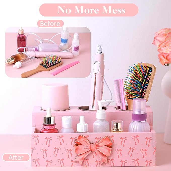 Pink Bow Hair Dryer Holder Wall Mounted Wooden Hair Dryer Holder Countertop - Image 4