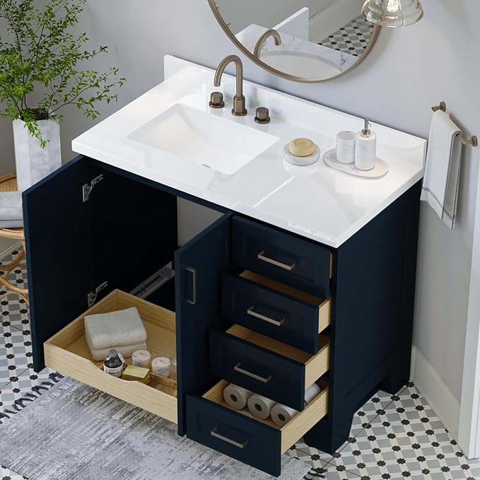 ARIEL 43" Midnight Blue Bathroom Vanity, 1.5" Edge Pure White Quartz Countertop - Image 3