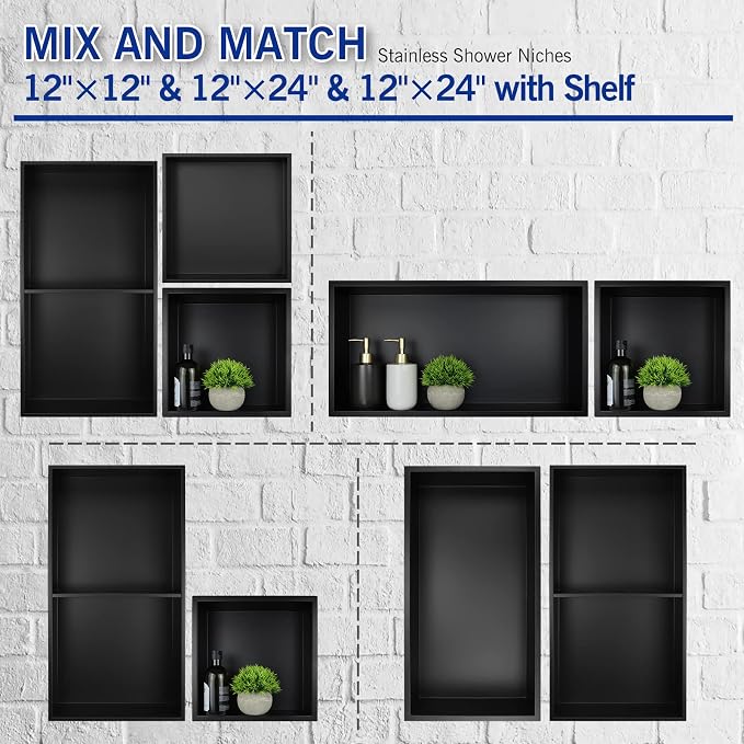 Stainless Steel Shower Niche 24" X 12" Matte Black No Tile Needed Niche Shower - Image 6