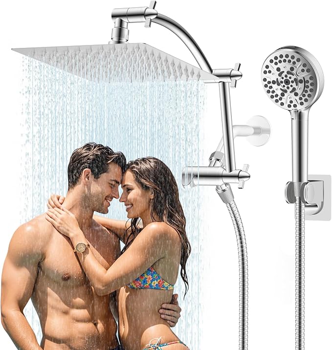 Hibbent All Metal Shower Head, 10 Sprays, Adhesive Showerhead Holder by Hibbent