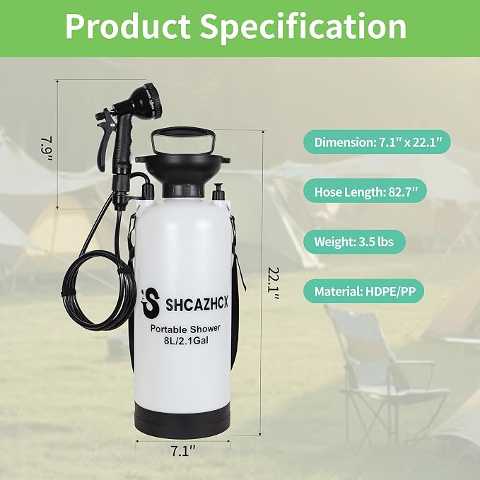 2.1 Gallon/8L Portable Outdoor Shower, 10 Spray Modes, No Power Needed - Image 2